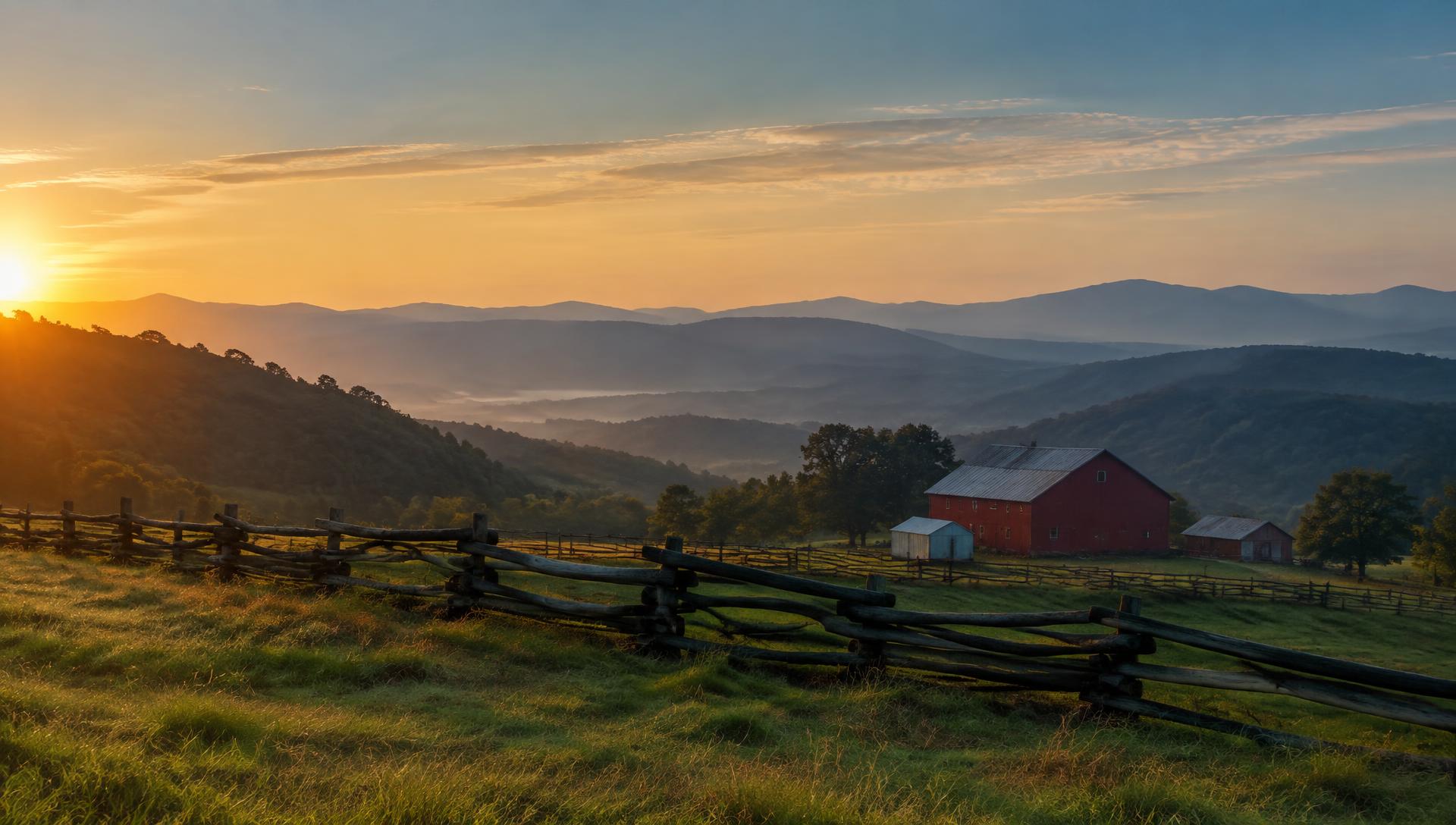 Sunrise over the rolling farmland and blue ridges of Washington County, Virginia